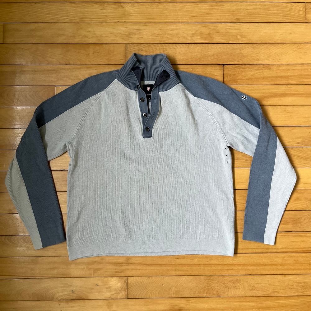 Victorinox Swiss Army Mens Small Grey Blue Colorblock Cotton Mock Neck Sweater